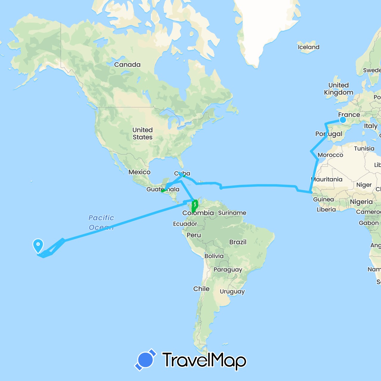 TravelMap itinerary: driving, bus, boat in Antigua and Barbuda, Saint Barthélemy, Belize, Colombia, Cuba, Cape Verde, Dominican Republic, Spain, France, Guadeloupe, Guatemala, Haiti, Cayman Islands, Saint Martin, Panama, French Polynesia, Portugal, Senegal, British Virgin Islands (Africa, Europe, North America, Oceania, South America)